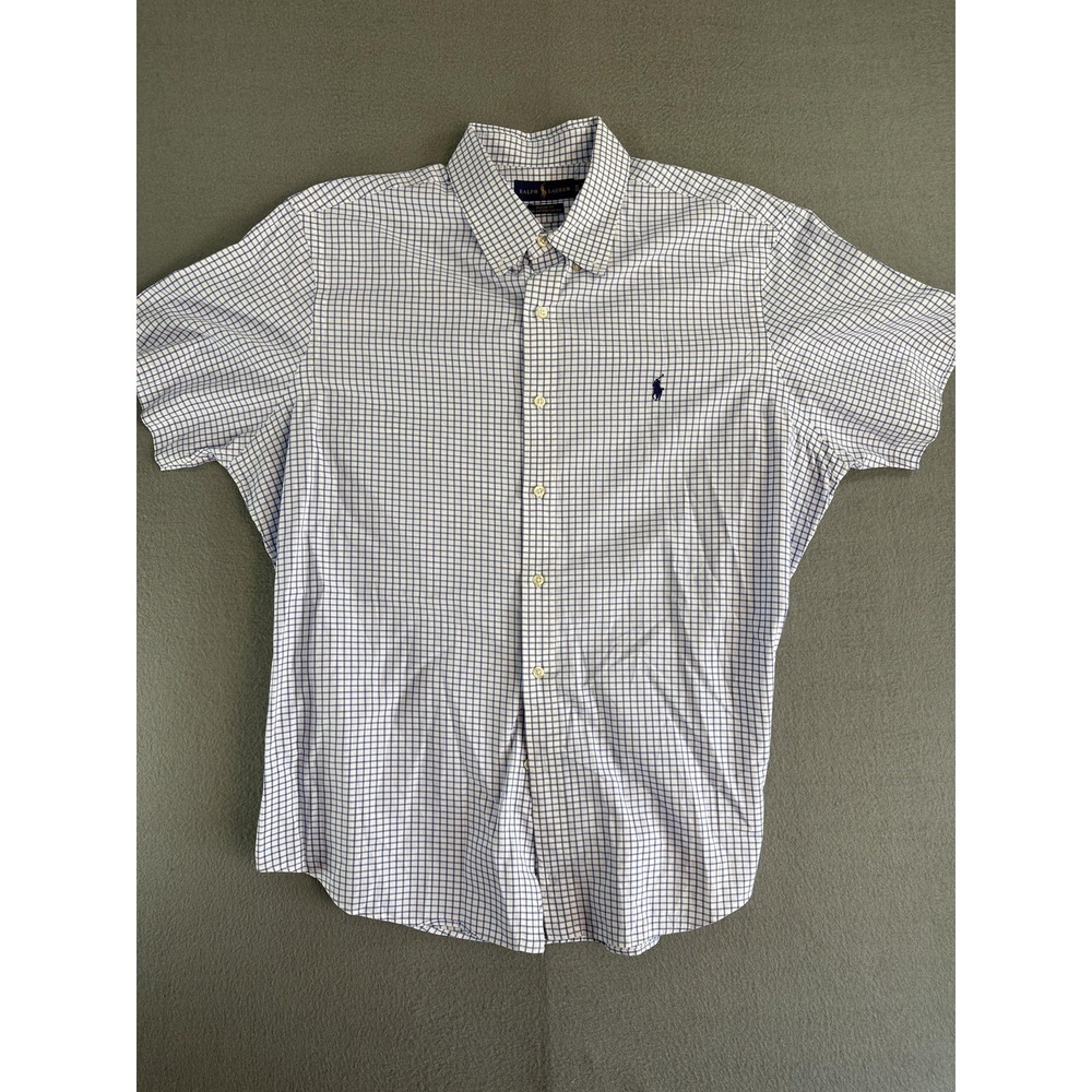 Ralph Lauren Shirt Mens XL Blue Check Short Sleeve Button Down Cotton Stretch
